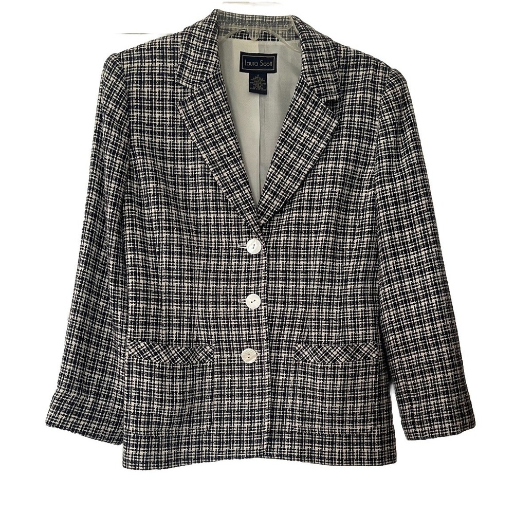 Laura Scott Blazer Women's Size 8 Silk Blend‎ Blue/White Classic Academia Preppy